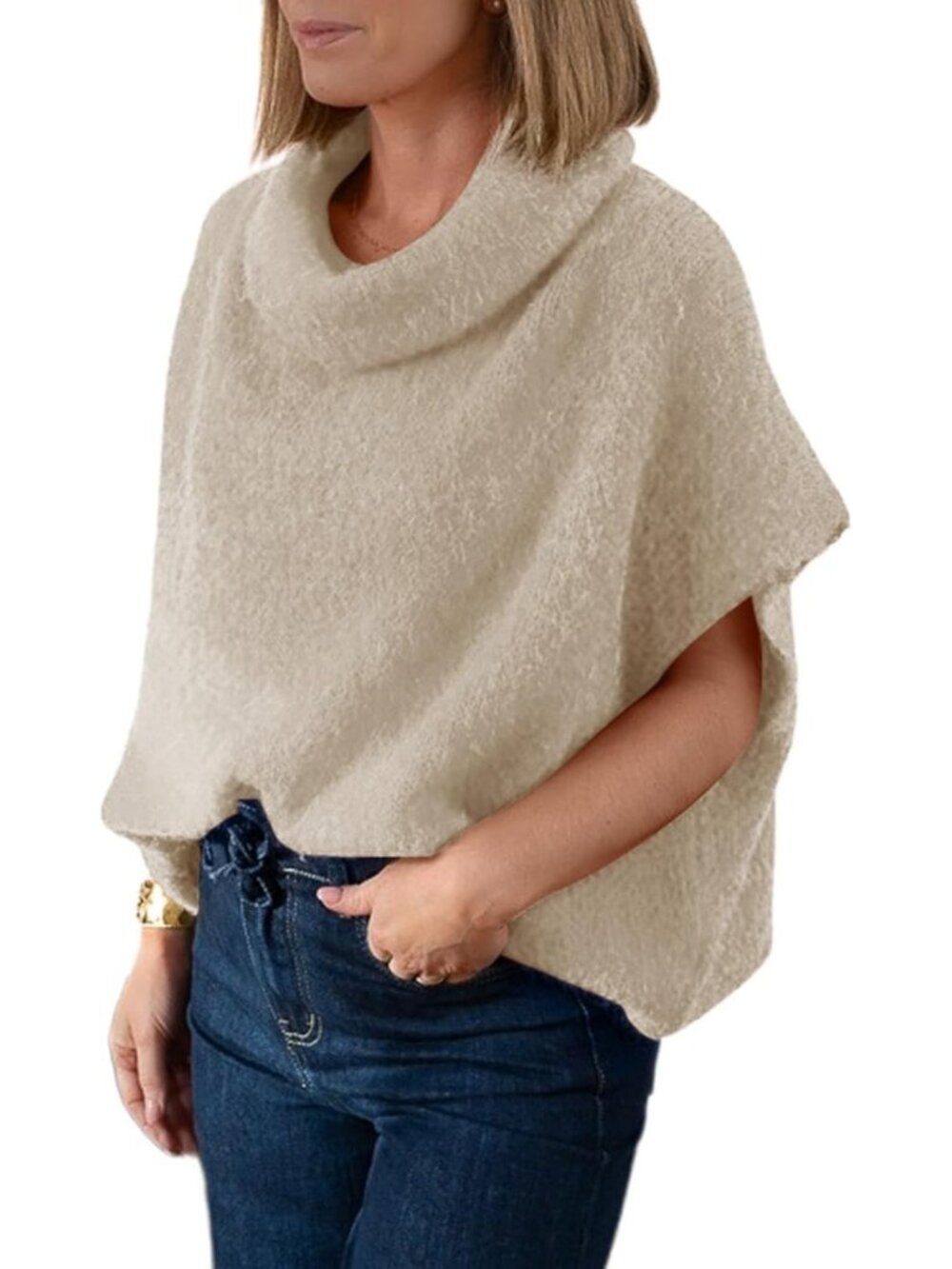 Women's Beige Short Batwing Sleeve Loose Fit Lightweight Turtleneck Sweaters - Picture 4 of 7